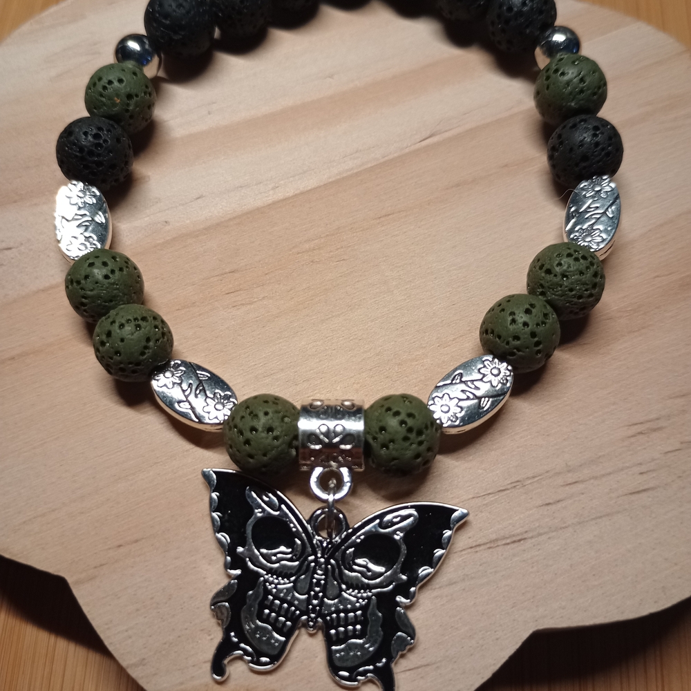 Gothic Butterfly Charm And Lava Stone Beaded Bracelet - Dark Green and Black